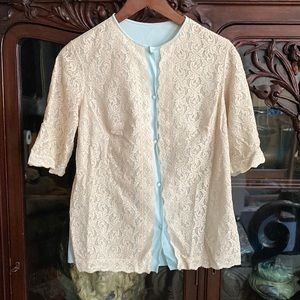 True Vintage 50s Aqua Turquoise and Tan Lace Lingerie Bed Jacket Blouse